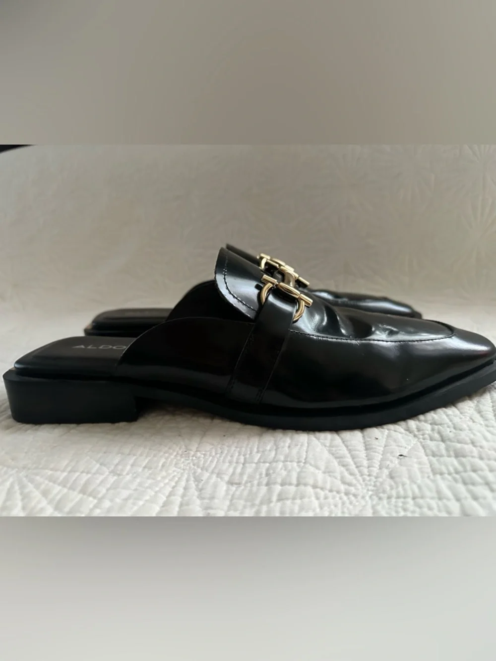 ALDO Black Patent Leather Slip-On Loafers with Gold Hardware